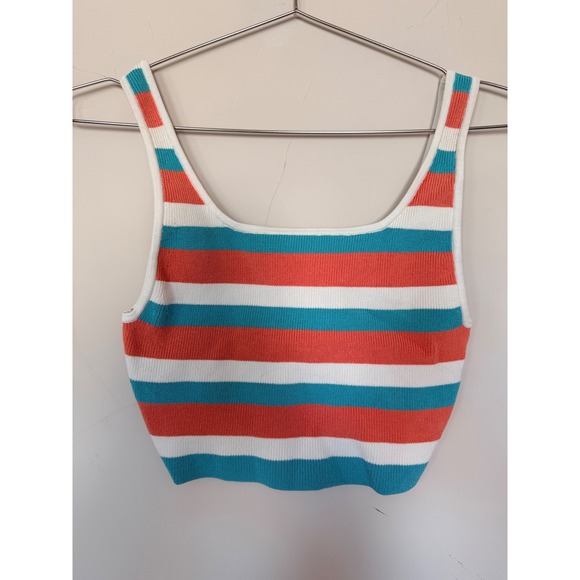 Babaton Tops - Babaton‎ Sculpt Knit Striped Crop Top Square Neck Tank Coral Teal White Sz Small